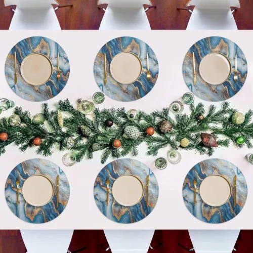Miniatura 7 de Mantel individual redondo de mármol azul dorado, lavable para mesa de comedor para cocina (talla única x 1)