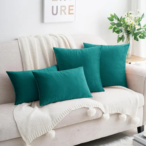 Miniatura 7 de HWY 50 Juego de 2 fundas de almohada de terciopelo verde azulado de 16 x 16 pulgadas, suaves, acogedoras, lisas, decorativas, de lujo, para sofá