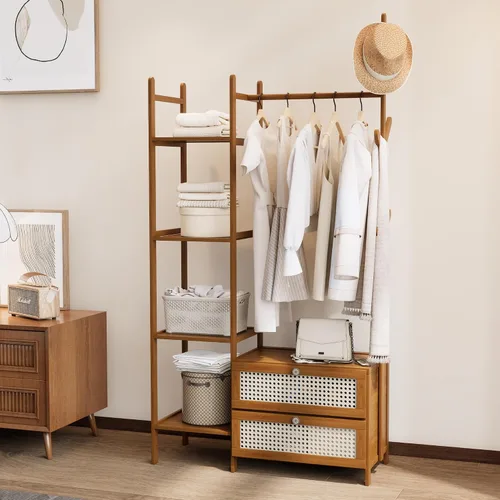 Miniatura 10 de Perchero de Ropa de Bambú, Perchero con Cajones y Estantes, Estantes de Almacenamiento de 5 Niveles con 6 Ganchos para Colgar, Armario Closet