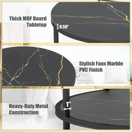 Miniatura 5 de WiberWi Mesa de centro redonda negra para sala de estar de 35.8 pulgadas, mesa circular con parte superior de mármol sintético, patas de metal Negro
