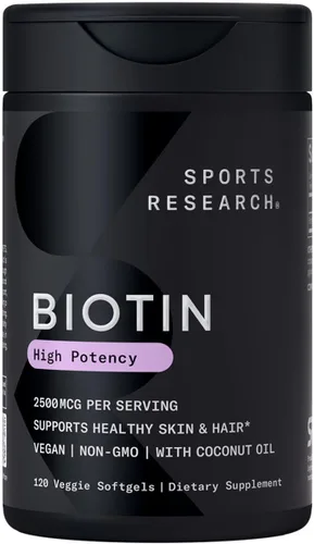 Sports Research Suplemento de biotina vegana extra fuerte (vitamina B) con aceite de coco orgánico, apoya la queratina para un cabello y una piel