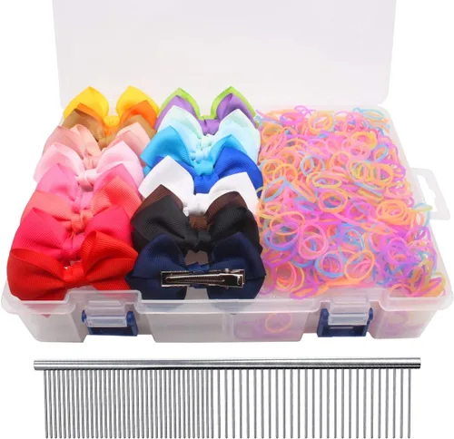 Miniatura 11 de YOY 20 adorables lazos para el pelo de perro con clips y 1000 bandas de goma y 1 peine de acero para peluquería, nudo superior de cachorro, moño
