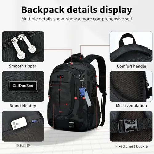 Miniatura 5 de Mochila ligera de camuflaje negro, compartimento para portátil de 15-17 pulgadas, para escuela, universidad, viajes, Casual