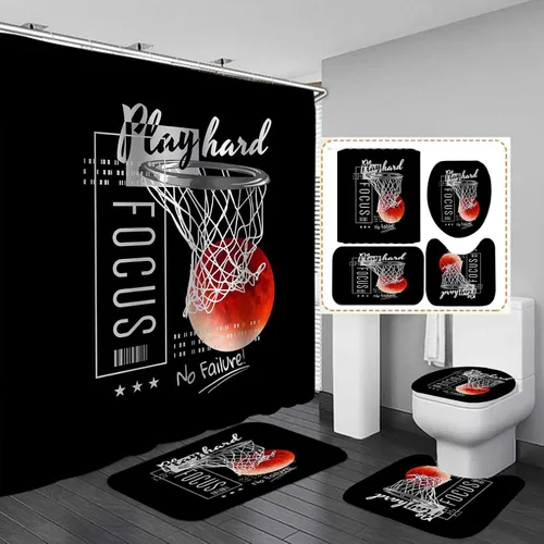 Juego de 4 cortinas de ducha de baloncesto, citas inspiradoras positivas, decoración de baño deportivo, cortina de ducha negra de tela impermeable,