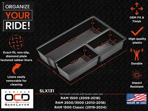 Miniatura 8 de Vehicle OCD - Bandeja organizadora de consola central inferior para Dodge RAM 1500 (2009-18), RAM 2500/3500 (2010-18), RAM 1500 Classic (2019)