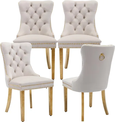 Miniatura 129 de LKTART Juego de 2 sillas de comedor de terciopelo, sillas de comedor copetudas con ribete de anillo de clavo, silla de comedor tapizada con patas