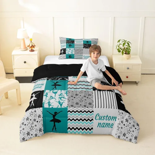 Miniatura 42 de Juego de edredón de softbol personalizado, juego de ropa de cama de retazos a cuadros para niños y niños, edredón de bate de béisbol, juego