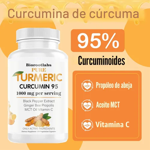 Miniatura 2 de Biorootlabs Curcumina de cúrcuma Suplemento de curcumina de cúrcuma pura de 1000 mg 95% curcuminoides con propóleo de abeja, jengibre, aceite