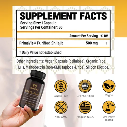 Miniatura 7 de CHOQ® Shilajit - Más del 50% de ácido fúlvico, cápsulas veganas de 500 mg, energía, cerebro, enfoque, colágeno, hormonas, función mitocondrial