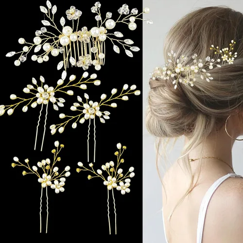 Miniatura 7 de ULTIMUTE Peine para el pelo y 4 pines, accesorios para el cabello de novia, con diamantes de imitación de cristal de perla, peine y horquillas