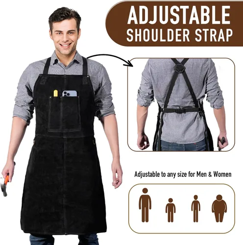 Miniatura 4 de Delantal de trabajo de soldadura de cuero, delantal con peto resistente al calor y a las llamas, delantal ignífugo resistente para barbacoa