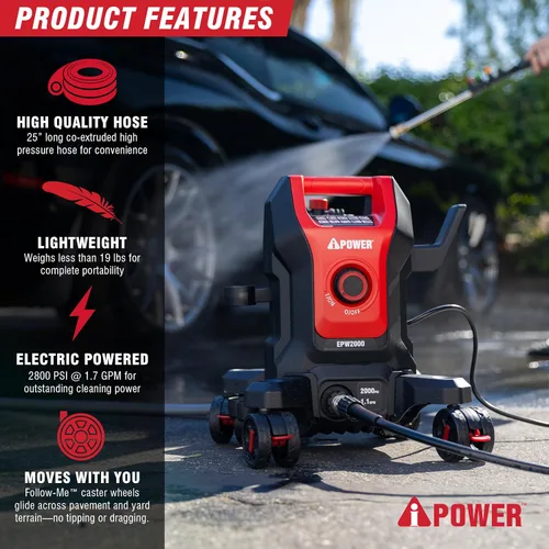 Miniatura 2 de A-iPower Follow Me - Lavadora eléctrica a presión 2800 PSI 1.7 GPM, diseño antivuelco con 5 boquillas, dispensador de jabón para vallas, calzadas
