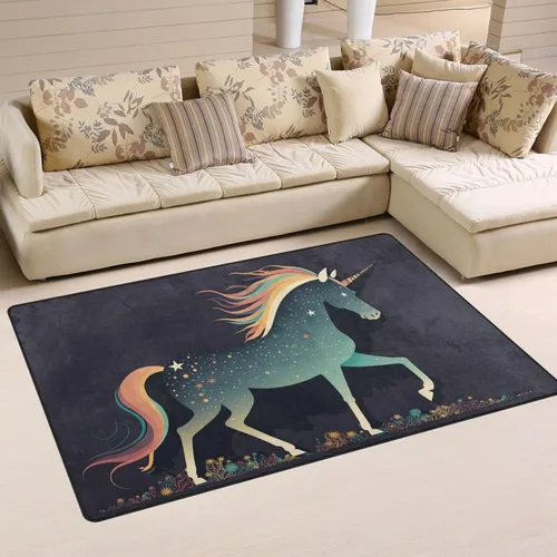 Vnurnrn Alfombra de área (estilo plano de unicornio), suave, lavable, para interiores y exteriores, decoración del hogar, sala de estar, comedor,