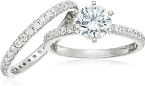 Miniatura 4 de Tienda Essentials Juego de anillos de boda de plata de ley chapada en platino o oro con circonita cúbica de corte redondo con elementos infinitos