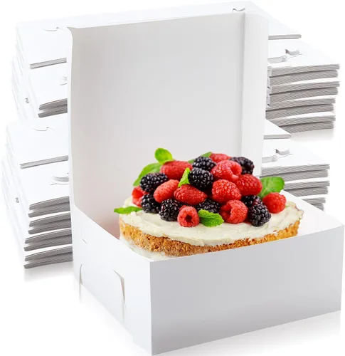 Miniatura 7 de Ireer 50 unidades de cajas de pastel blancas de 10 x 10 x 5 pulgadas, cajas de cartón para panadería para pasteles, galletas y postres