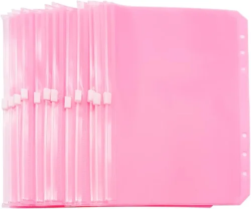 Bolsillos para carpeta A5, color rosa, 12 unidades, con cremallera, bolsas de hojas sueltas, 6 agujeros, organizador de cremallera de PVC, carpeta