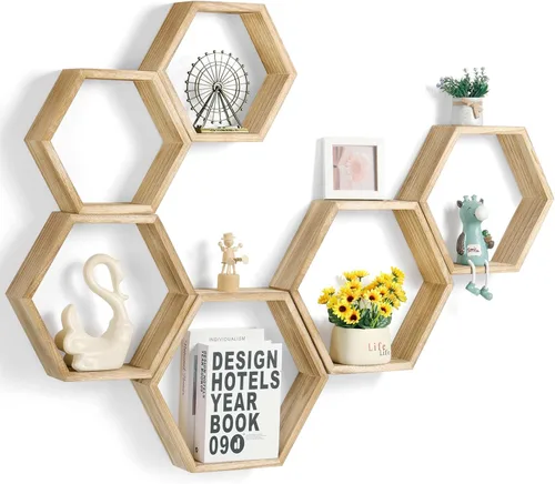 YBING Estantes flotantes hexagonales montados en la pared de madera de granja de almacenamiento de nido de abeja, juego de 6 estantes hexagonales