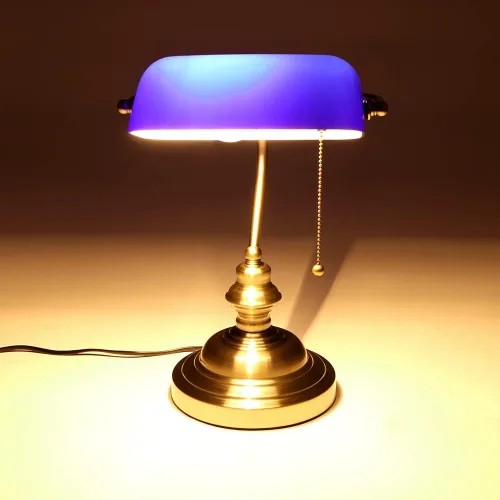 Miniatura 3 de FIRVRE Lámpara de escritorio de banqueros de cristal azul, lámpara de mesa ejecutiva brillante con interruptor de cadena de tracción, lámpara