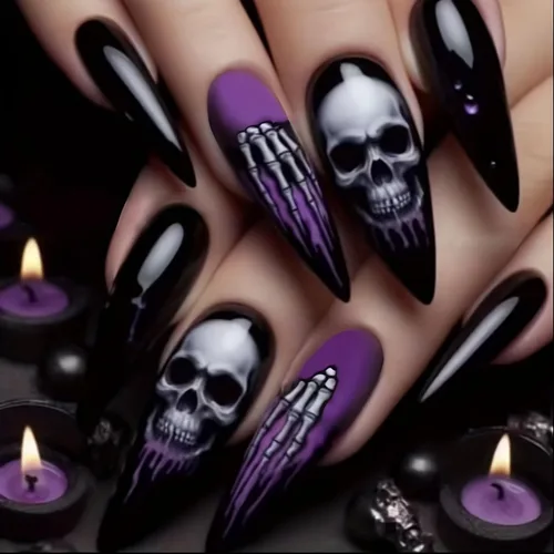 Miniatura 24 de Uñas postizas a presión para Halloween, con forma de hueso gótico, de terror, de cobertura completa, color blanco y negro, acrílico, para fiestas