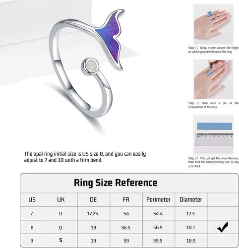 Miniatura 4 de Anillo de sirena de plata de ley 925 con ópalo oceánico ajustable, anillo abierto, joyería de sirena, regalo para mujeres y niñas, Plata de ley 925