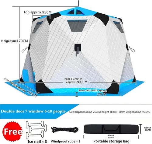 Miniatura 6 de Portable Pop-Up Ice Fishing Tent for 6-10 Persons, 420D Insulated Shelter with Stove Jack, Anchors & Carry Bag, Winter Fishing Mat (260x260x170cm)