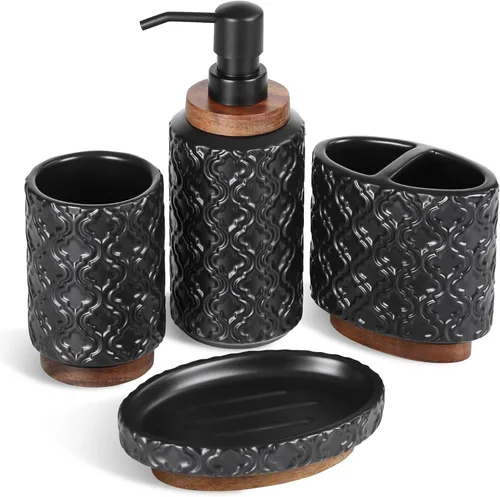 RQYIXI - Juego de accesorios de baño de 4 piezas, soporte para cepillo de dientes, dispensador de jabón, decoración de baño de cerámica y madera con