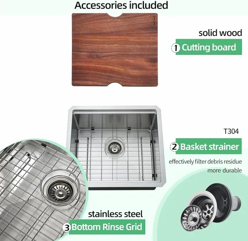Miniatura 6 de Fregadero de cocina de montaje inferior, fregadero de cocina de 21 x 19 pulgadas, fregadero de cocina de acero inoxidable calibre 16, fregadero