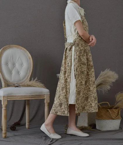 Miniatura 8 de Delantal japonés de algodón con espalda cruzada para mujer con bolsillos A1-café Floral