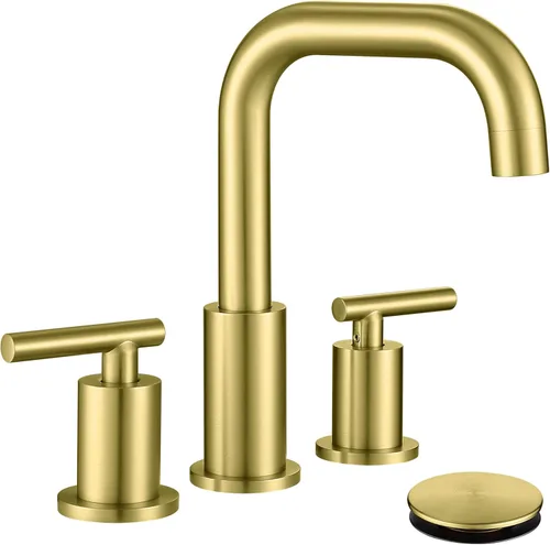 ChiLDano Grifo de Baño Dorado con Desagüe y Manguera de Suministro, 2 Manijas Grifo de Baño Extendido Oro Cepillado para Lavabo de 3 Orificios,