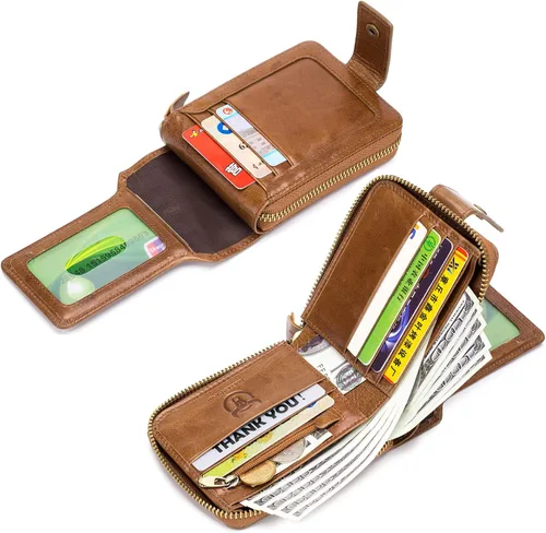 Miniatura 18 de LUKZIJAES Billetera de cuero genuino para hombre, con bloqueo RFID, delgada, plegable, bolsillo frontal, #3-Café, Vintage