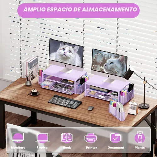 Miniatura 4 de OPNICE Soporte elevador de monitor doble con cajón y 2 soportes para bolígrafos, organizador de escritorio para suministros de oficina, soporte