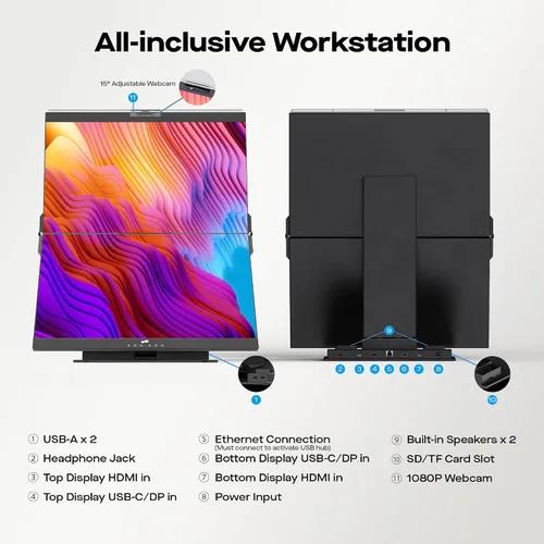 Miniatura 4 de Geminos - Monitores de computadora apilados duales de 24 pulgadas con cámara web y altavoces de 1080P, carga USB-C de 65 W, monitor de escritorio
