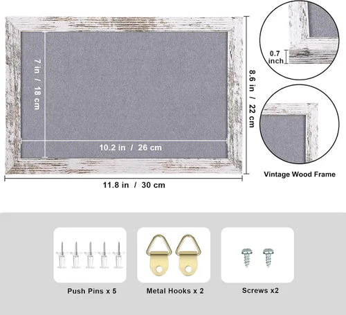 Miniatura 2 de Tablón de anuncios de fieltro gris, pequeño tablón de anuncios decorativo para colgar en paredes con marco de madera rústica blanca, tablero de 11.8