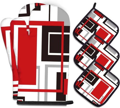 MCALK Juego de 5 manoplas geométricas rojas para horno y soportes para ollas, guantes de horno negros y almohadillas calientes para cocina de