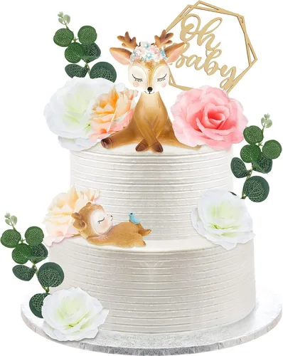 Miniatura 8 de Taiyin Oh Baby Cake Toppers para baby shower, lindos adornos para tartas de ciervos, flores de animales femeninos, decoración de tartas, pequeñas