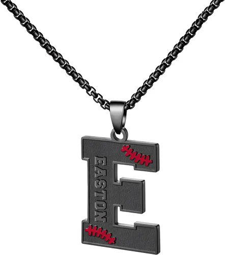 Miniatura 83 de Ldurian Collar personalizado con nombre de béisbol, cadena negra de acero inoxidable, collar con nombre deportivo, letra A-Z de 24 pulgadas, regalos