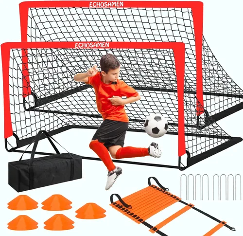 Porterías de fútbol para niños para el patio trasero, juego de 2 porterías de fútbol de 6 x 4 pies para niños con red de fútbol, 10 conos de fútbol,