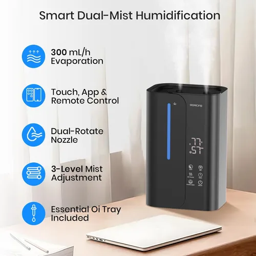 Miniatura 3 de OGACFO Humidificadores de niebla fría de 5 litros para dormitorio, habitación grande, humidificador de aire inteligente ultrasónico de llenado