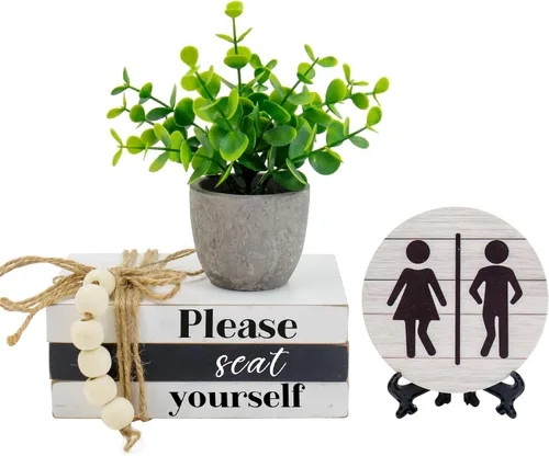 Miniatura 9 de Letreros Decorativos para Estante de Baño, Pila de Libros y Letreros Redondos 3D con Plantas Falsas, Divertida Decoración de Madera para Estante
