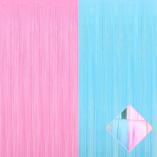 Paquete de 4 cortinas de flecos de lámina metálica de 3.2 pies x 8.2 pies, color rosa macarrón y azul, serpentinas de flecos metálicos de oropel