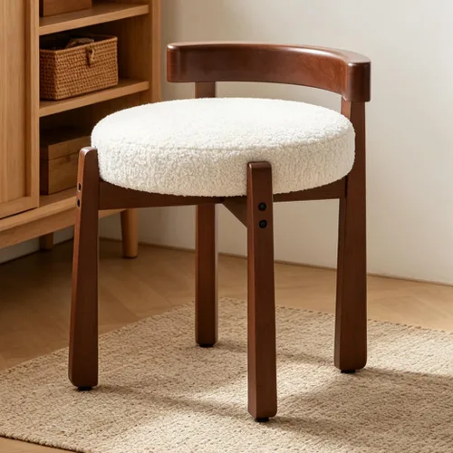 Miniatura 10 de DUOMAY Taburete de tocador de felpilla beige con respaldo bajo, altura del asiento de 18.75 pulgadas, otomana redonda tapizada, patas de goma