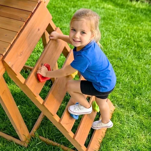 Miniatura 7 de SUNIBOXI Juegos de columpios de madera para patio trasero, juego de parque infantil al aire libre con barras de mono, tobogán ondulado, 2 columpios