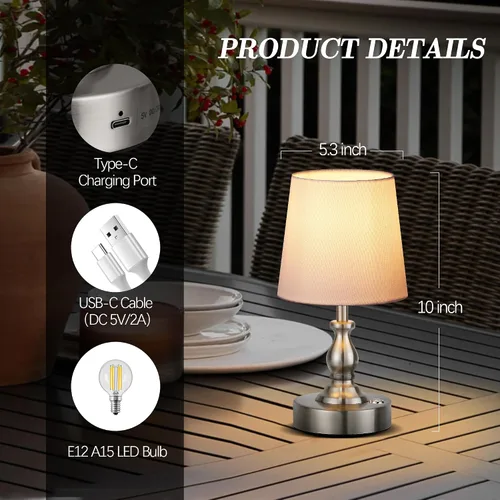 Miniatura 5 de PARTPHONER Mini lámpara de mesa LED inalámbrica, lámpara recargable con batería de 5200 mAh, lámpara operada por batería, 3 niveles de brillo