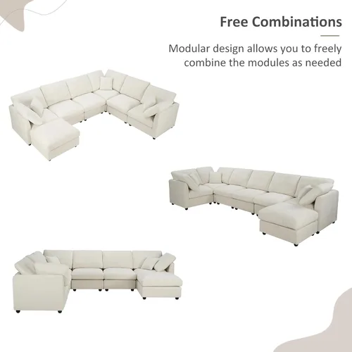 Miniatura 9 de Sofá modular de 117 pulgadas, sofá modular de felpilla en forma de U con otomana móvil, moderno sofá modular de 7 asientos para sala de estar, Beige