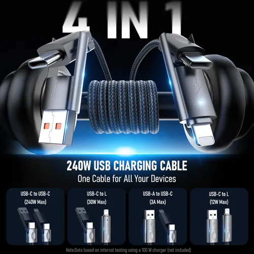 Miniatura 2 de Cable USB C a USB C de 6 pies de 240 W, cable de carga 4 en 1, cable de carga rápida trenzado con puerto tipo C/USB A/L para iPhone 16/15/14 Series