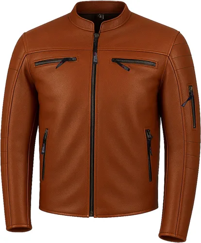 Miniatura 10 de REVOLT Chaqueta de motociclista para hombre, de cuero natural de búfalo, con protección CE - Ventilación, para crucero, motociclista, touring, Marrón