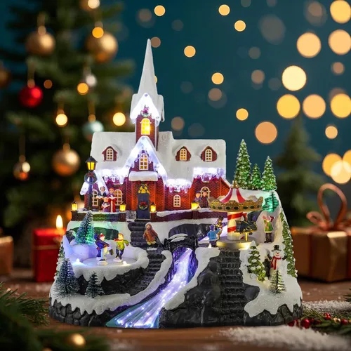 Miniatura 7 de Casa de iglesia de pueblo navideño de 15 pulgadas, escena animada de invierno con patinadores, carrusel giratorio, luces de fibra óptica y música
