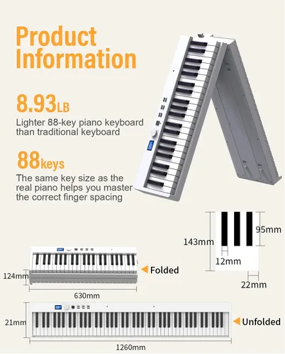 Miniatura 7 de KONIX Teclado de Piano Plegable, Teclado de Piano Plegable de 88 Teclas de Tamaño Completo Semi Ponderado, Piano Eléctrico Portátil Bluetooth