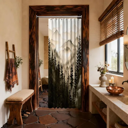 Miniatura 10 de Cortina de ducha azul marino de bosque Cortina de ducha azul oscuro de montaña y naturaleza para decoración de baño de hombres, tela impermeable