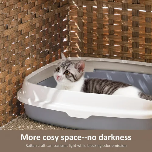 Miniatura 5 de Caja de arena para gatos con alfombrilla de arena suave; muebles ocultos de baño para gatos con puerta; casa de gato de ratán tejida a mano; jaula